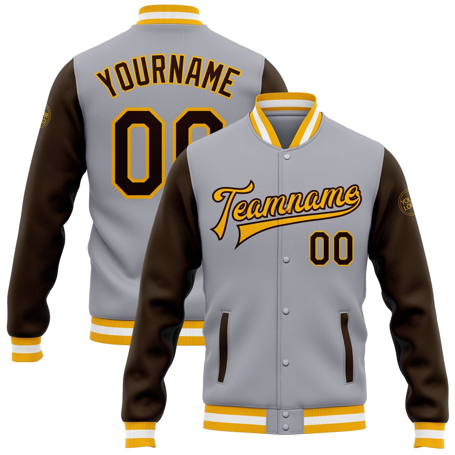 Custom Gray Brown-Gold Bomber Full-Snap Varsity Letterman Two Tone Jacket - Main View