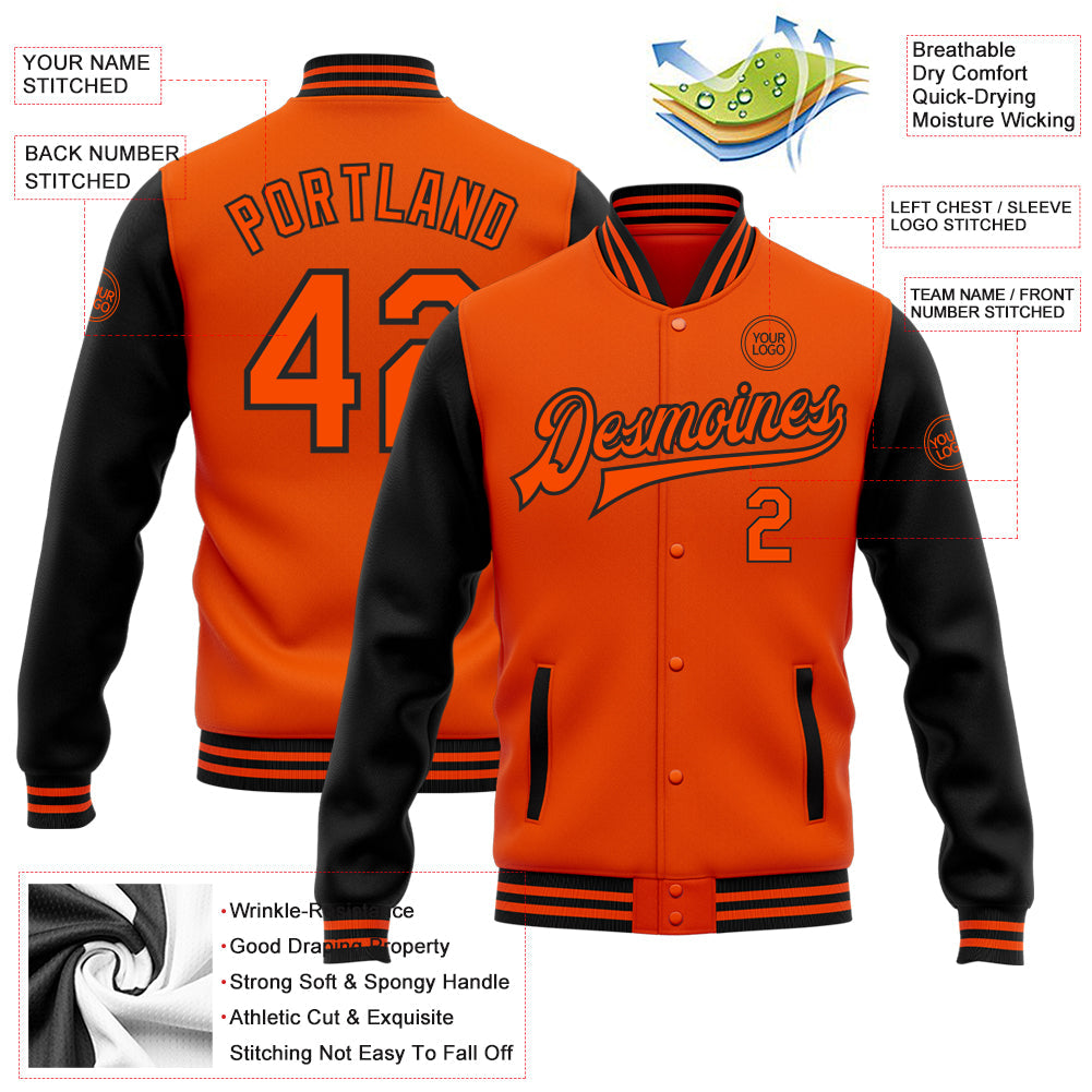 Custom Orange Black Bomber Full-Snap Varsity Letterman Two Tone Jacket view 5