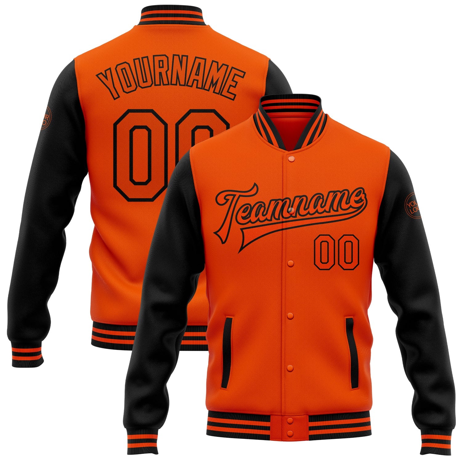 Custom Orange Black Bomber Full-Snap Varsity Letterman Two Tone Jacket - Main View