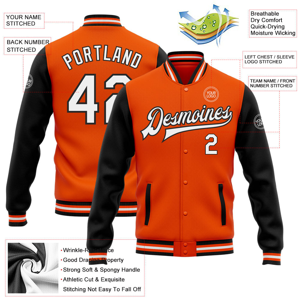 Custom Orange White-Black Bomber Full-Snap Varsity Letterman Two Tone Jacket view 5