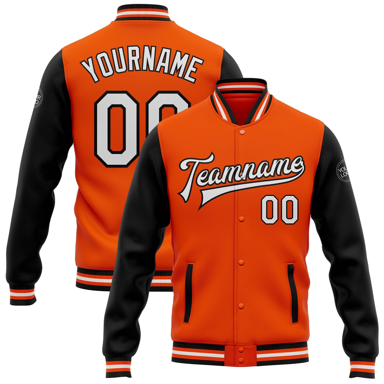 Custom Orange White-Black Bomber Full-Snap Varsity Letterman Two Tone Jacket - Main View