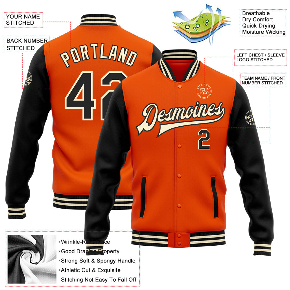 Custom Orange Black-Cream Bomber Full-Snap Varsity Letterman Two Tone Jacket view 5