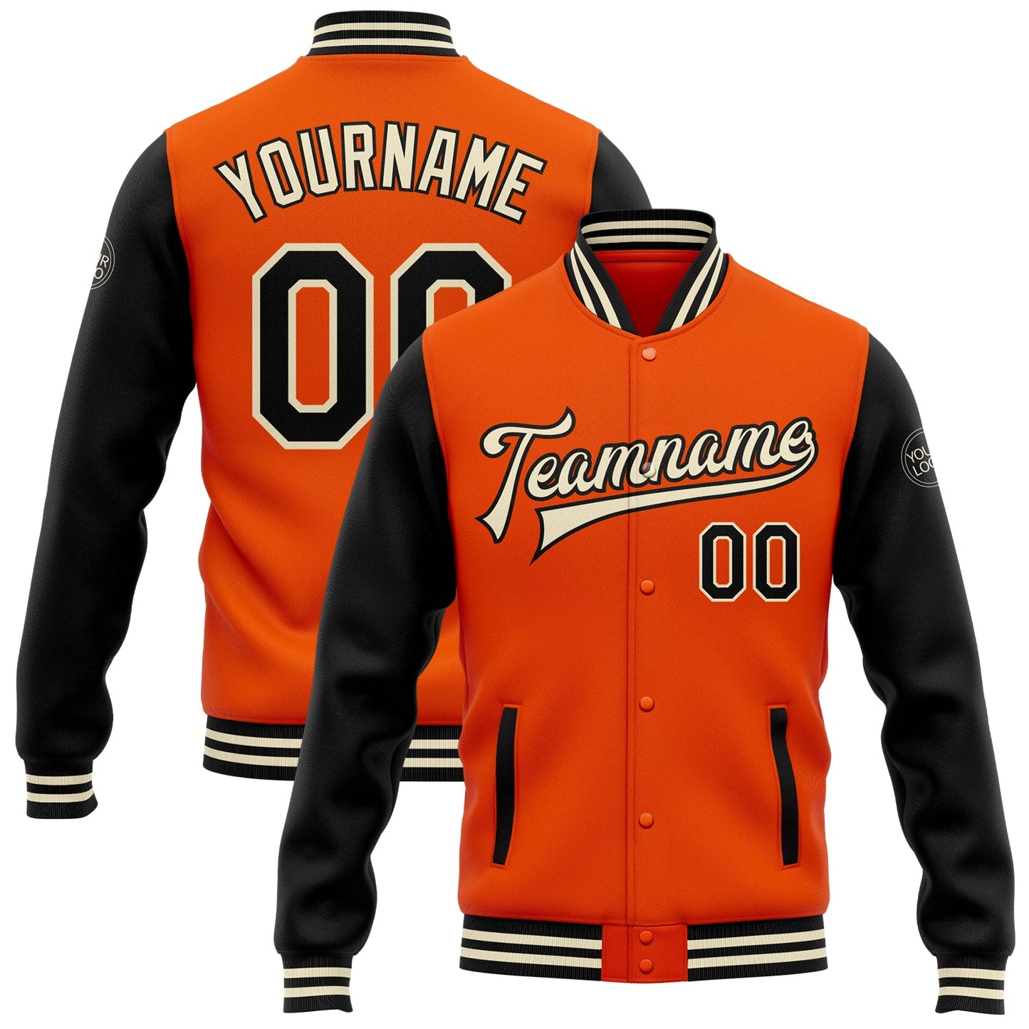 Custom Orange Black-Cream Bomber Full-Snap Varsity Letterman Two Tone Jacket - Main View