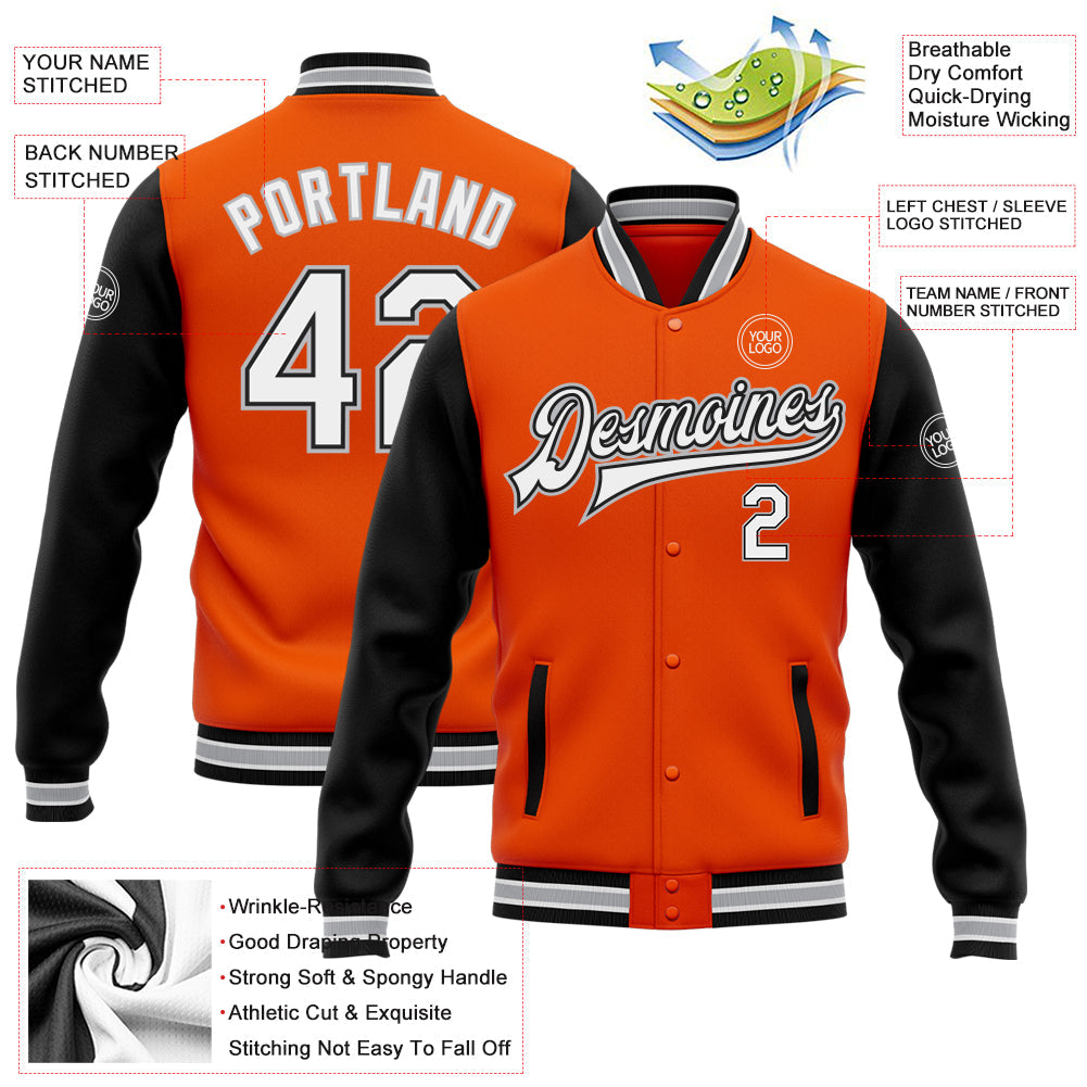 Custom Orange White Black-Gray Bomber Full-Snap Varsity Letterman Two Tone Jacket view 5