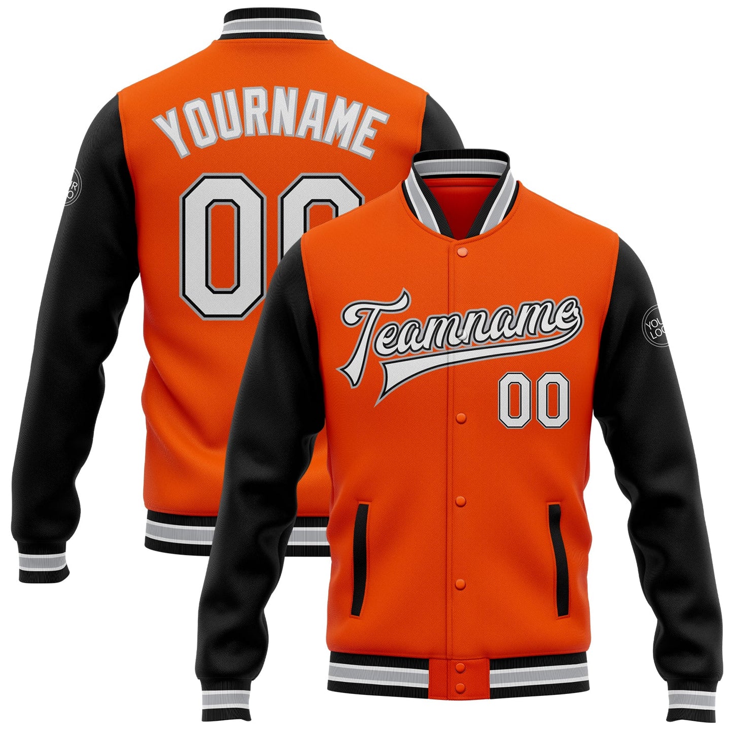 Custom Orange White Black-Gray Bomber Full-Snap Varsity Letterman Two Tone Jacket - Main View