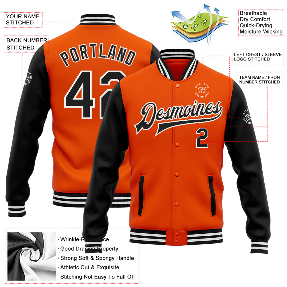 Custom Orange Black-White Bomber Full-Snap Varsity Letterman Two Tone Jacket view 5