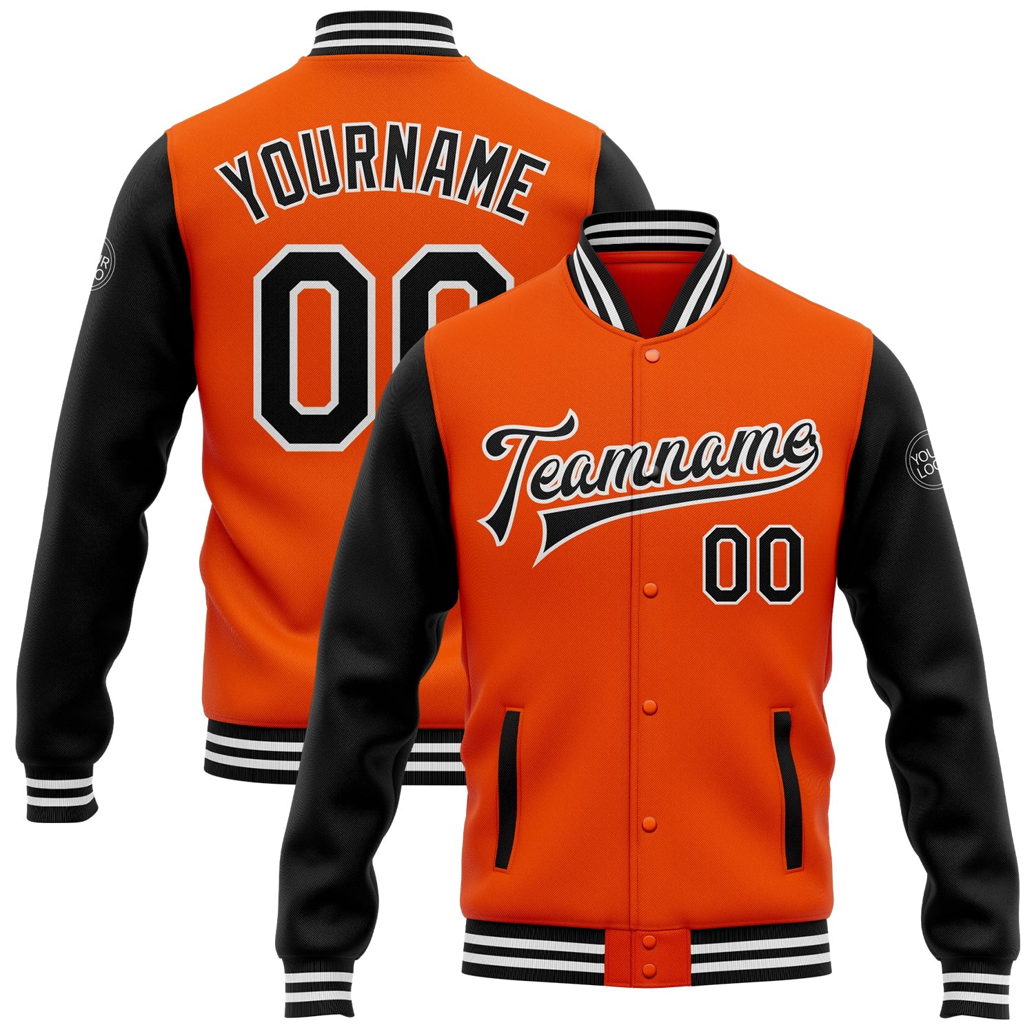 Custom Orange Black-White Bomber Full-Snap Varsity Letterman Two Tone Jacket - Main View