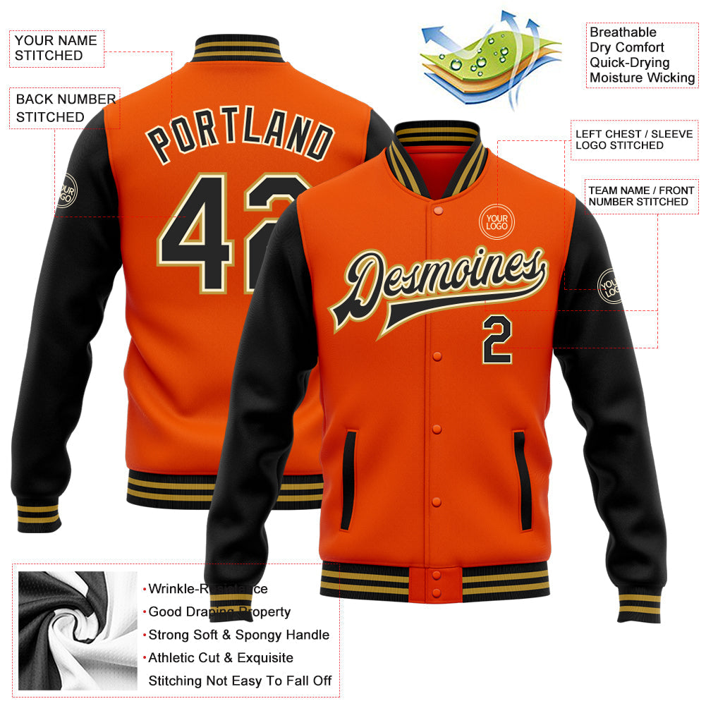 Custom Orange Black Cream-Old Gold Bomber Full-Snap Varsity Letterman Two Tone Jacket view 5