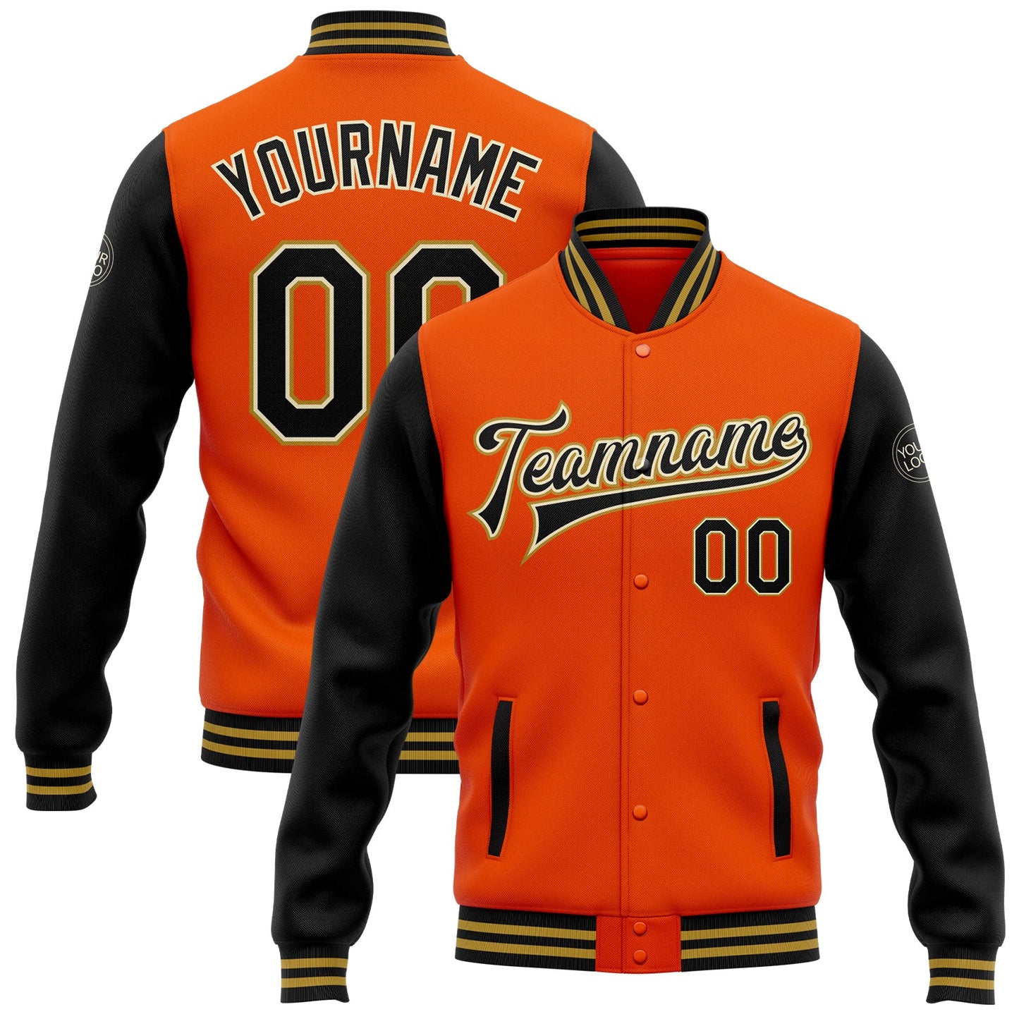 Custom Orange Black Cream-Old Gold Bomber Full-Snap Varsity Letterman Two Tone Jacket - Main View