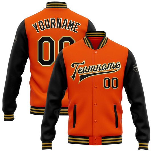 Custom Orange Black Cream-Old Gold Bomber Full-Snap Varsity Letterman Two Tone Jacket - Main View