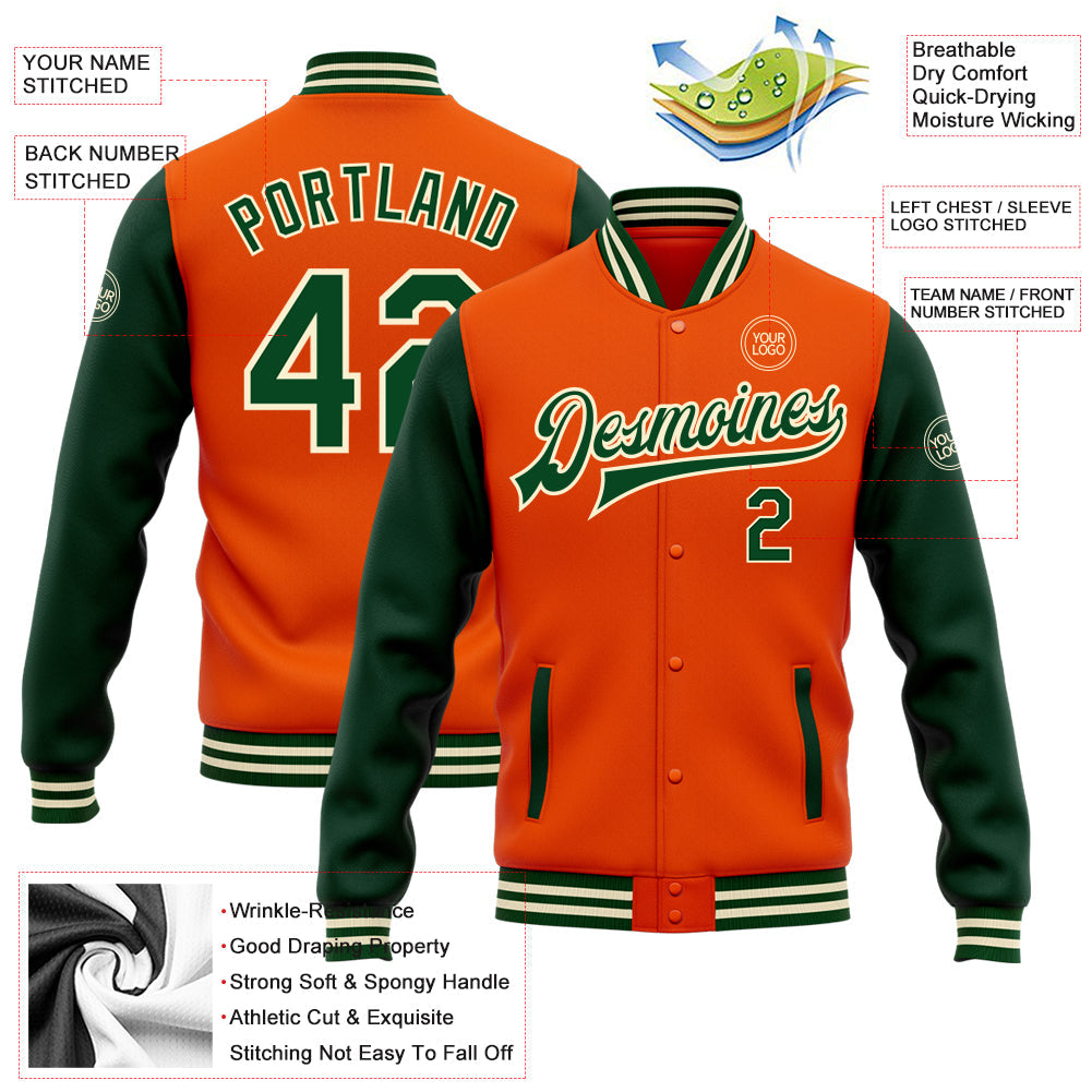 Custom Orange Green-Cream Bomber Full-Snap Varsity Letterman Two Tone Jacket view 5