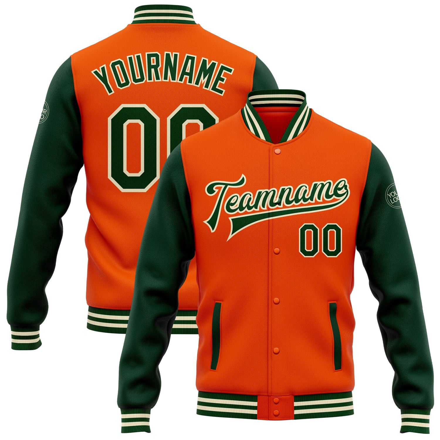 Custom Orange Green-Cream Bomber Full-Snap Varsity Letterman Two Tone Jacket - Main View