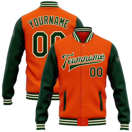 Custom Orange Green-Cream Bomber Full-Snap Varsity Letterman Two Tone Jacket - Main View