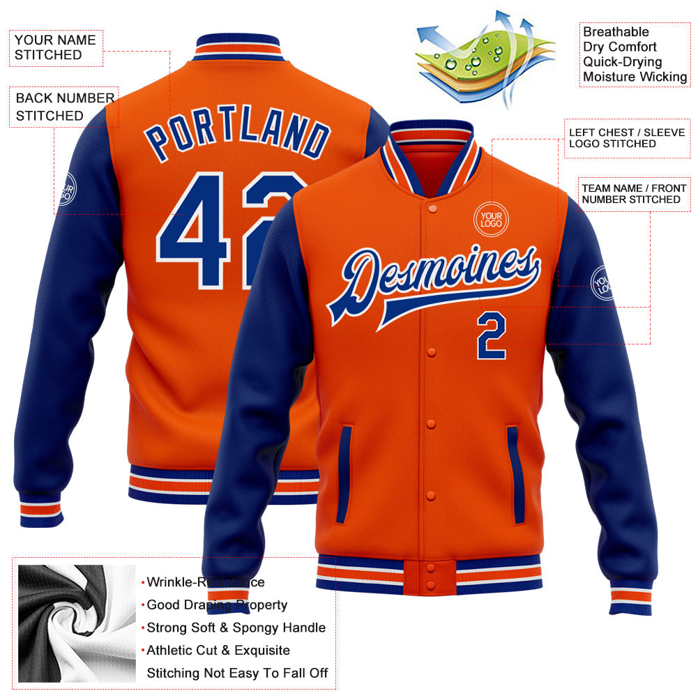 Custom Orange Royal-White Bomber Full-Snap Varsity Letterman Two Tone Jacket view 5