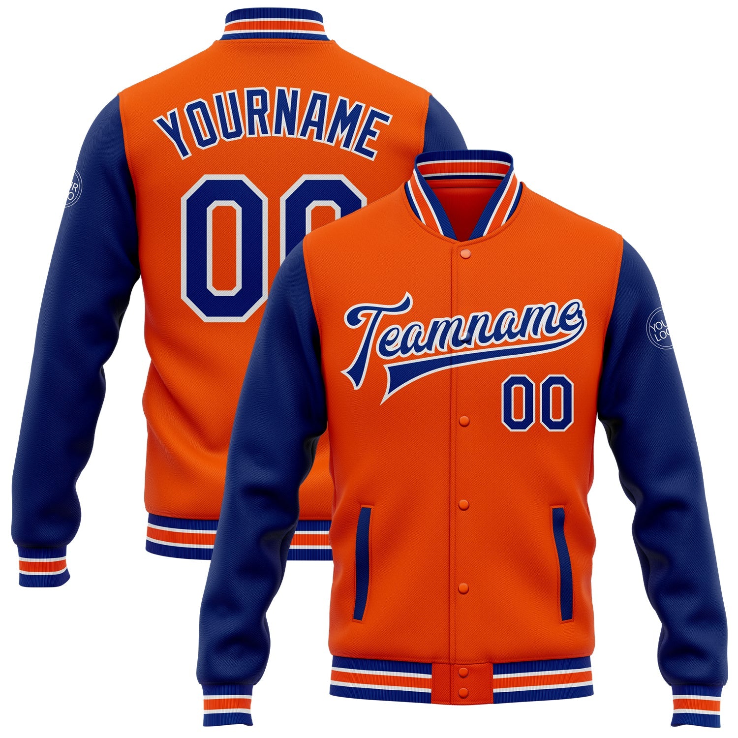Custom Orange Royal-White Bomber Full-Snap Varsity Letterman Two Tone Jacket - Main View