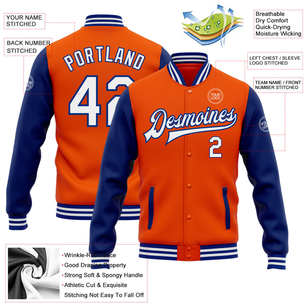 Custom Orange White-Royal Bomber Full-Snap Varsity Letterman Two Tone Jacket view 5
