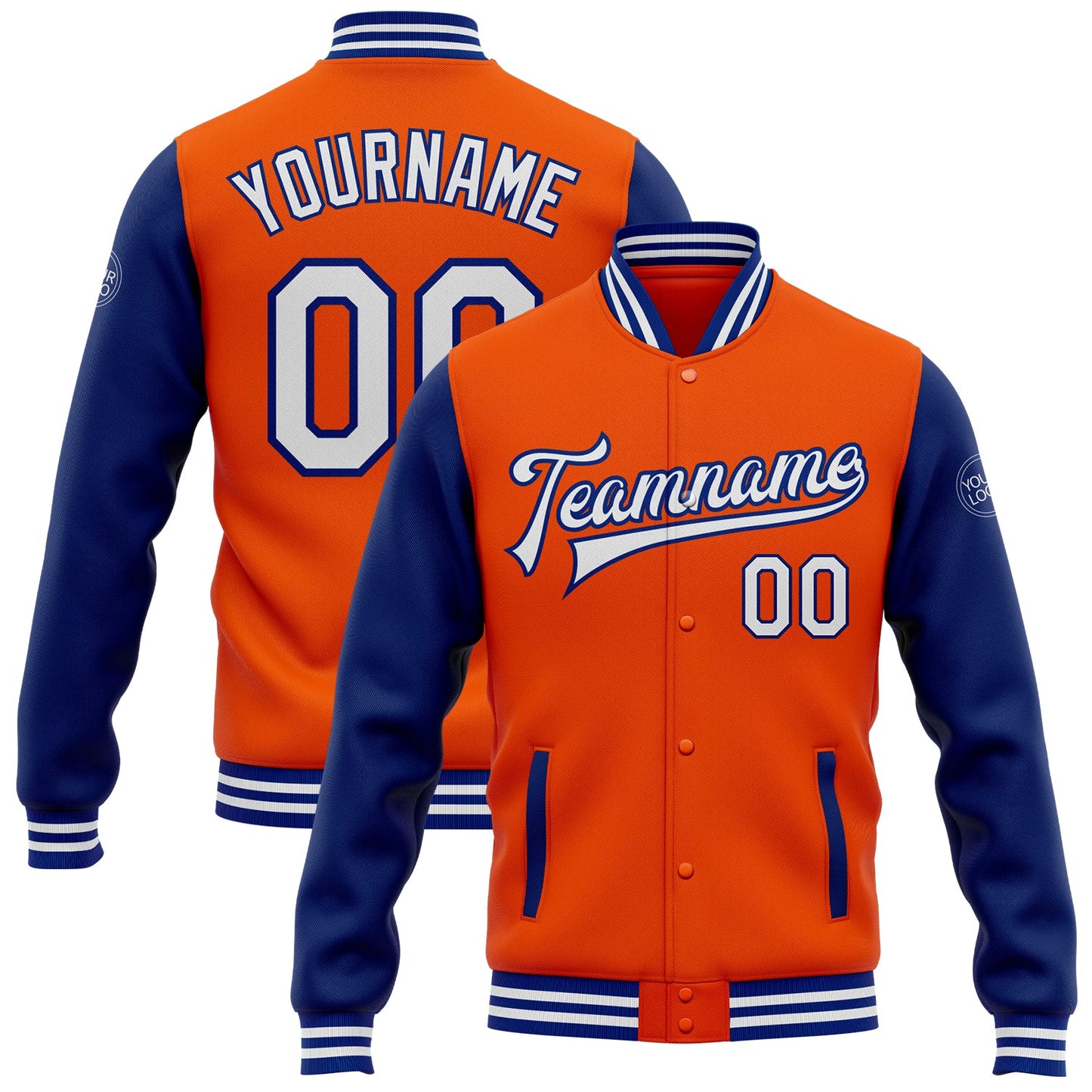 Custom Orange White-Royal Bomber Full-Snap Varsity Letterman Two Tone Jacket - Main View