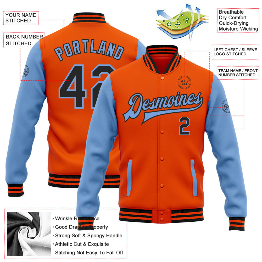 Custom Orange Black-Light Blue Bomber Full-Snap Varsity Letterman Two Tone Jacket view 5