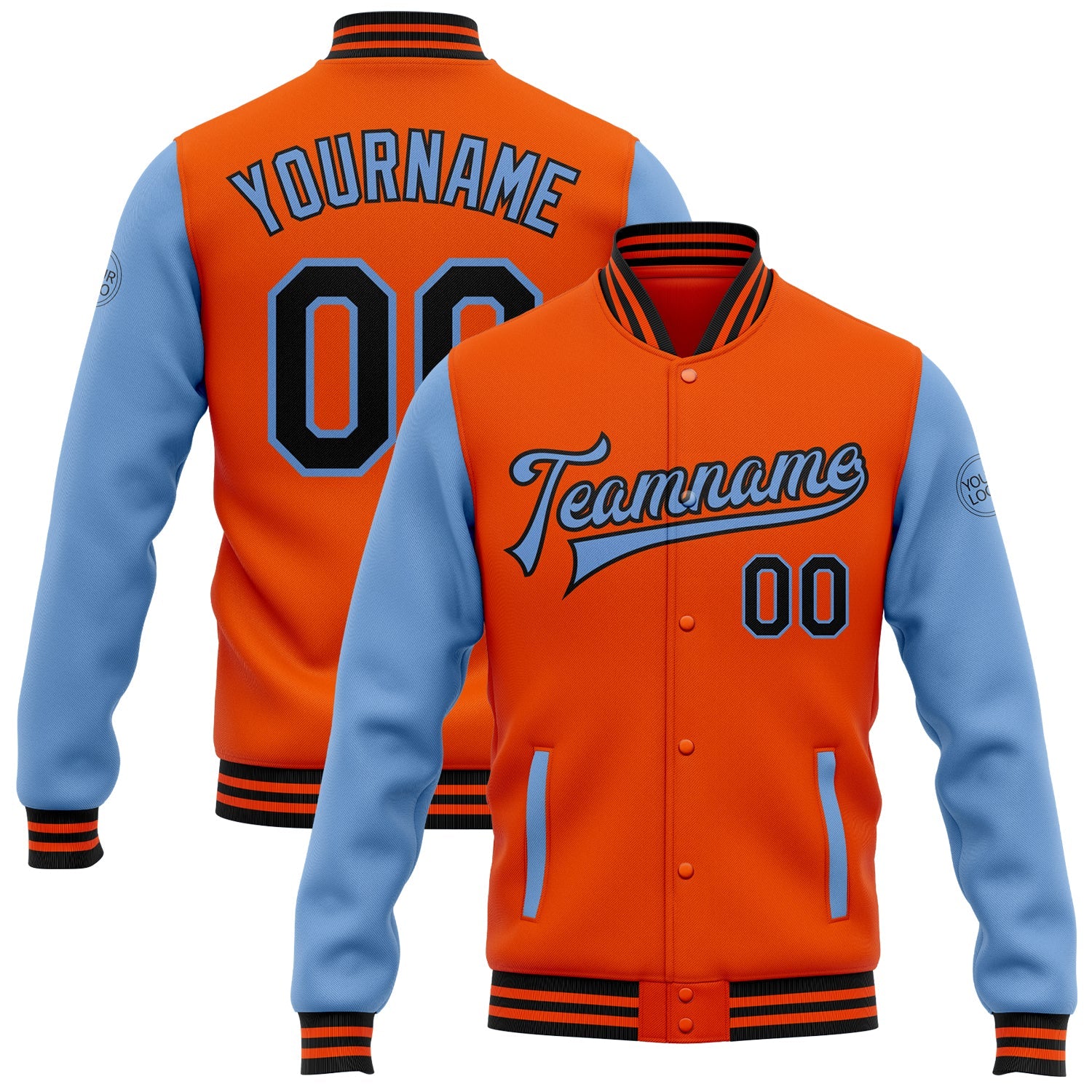 Custom Orange Black-Light Blue Bomber Full-Snap Varsity Letterman Two Tone Jacket - Main View