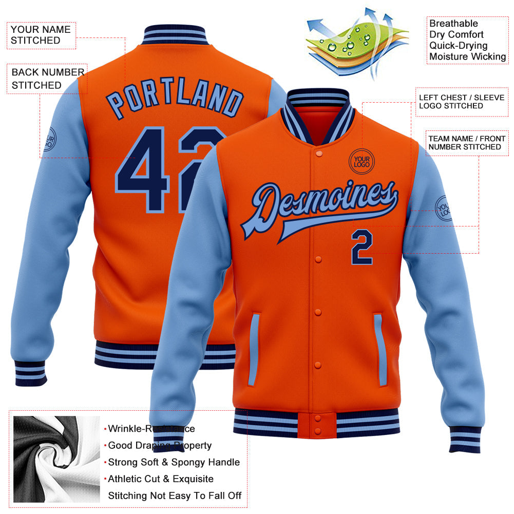 Custom Orange Navy-Light Blue Bomber Full-Snap Varsity Letterman Two Tone Jacket view 5