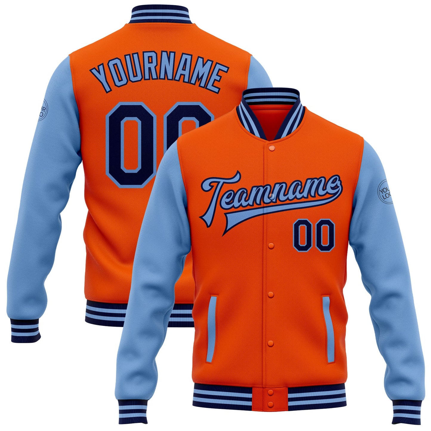 Custom Orange Navy-Light Blue Bomber Full-Snap Varsity Letterman Two Tone Jacket - Main View