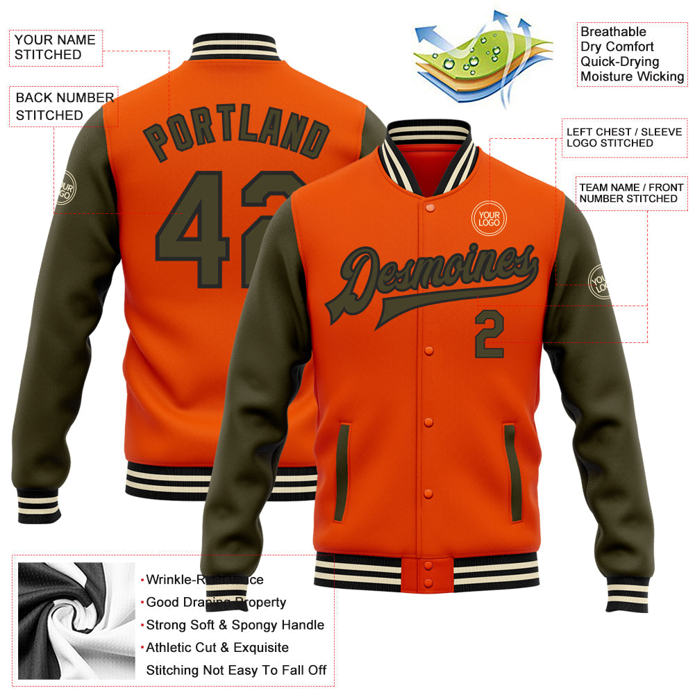 Custom Orange Olive Black-Cream Bomber Full-Snap Varsity Letterman Two Tone Jacket view 5