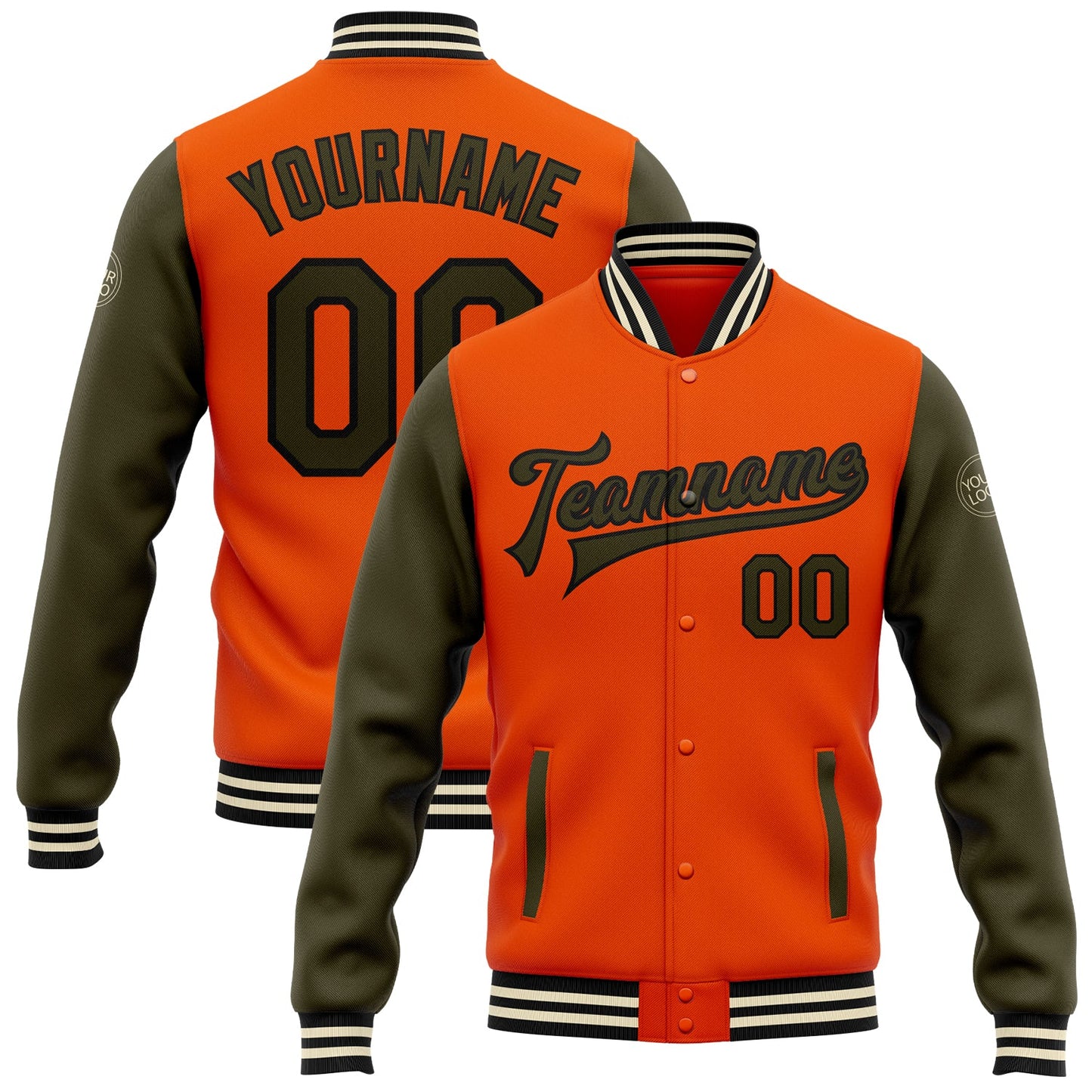 Custom Orange Olive Black-Cream Bomber Full-Snap Varsity Letterman Two Tone Jacket - Main View