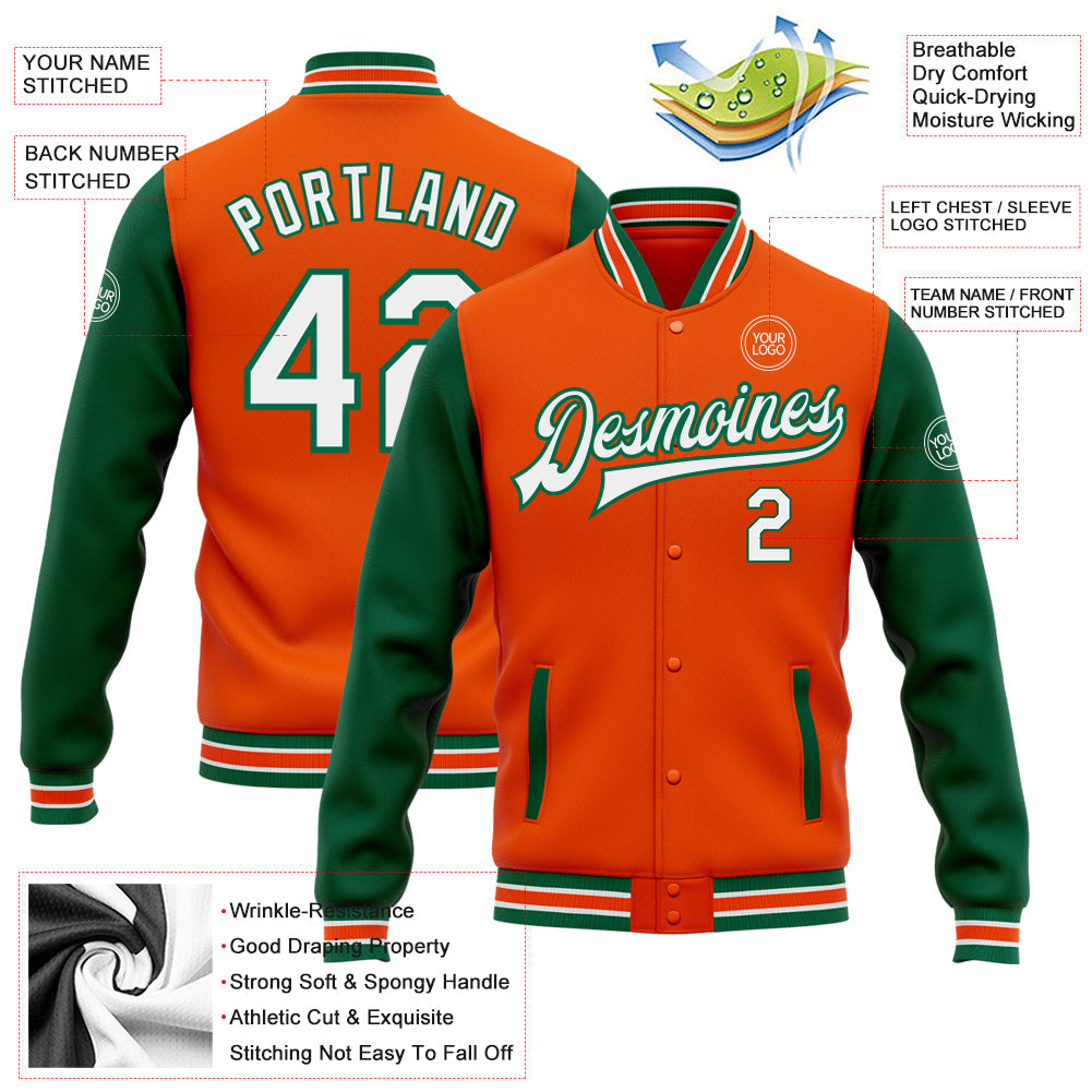 Custom Orange White-Kelly Green Bomber Full-Snap Varsity Letterman Two Tone Jacket view 5