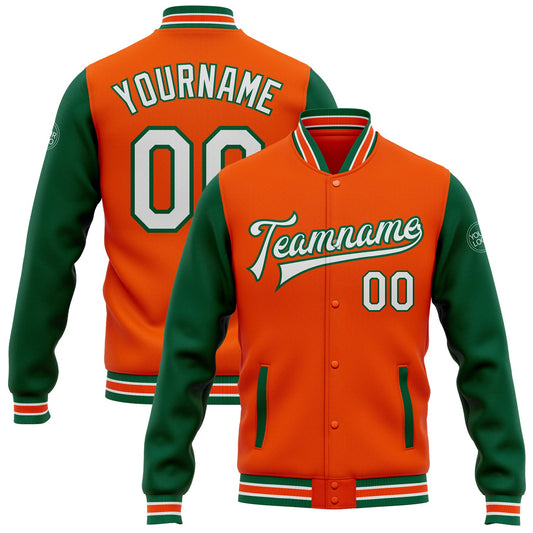 Custom Orange White-Kelly Green Bomber Full-Snap Varsity Letterman Two Tone Jacket - Main View