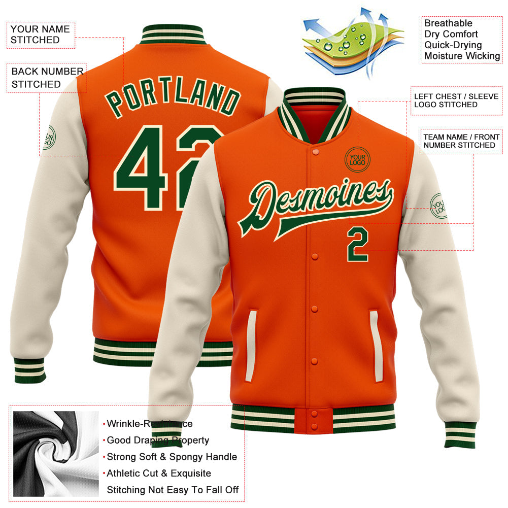 Custom Orange Green-Cream Bomber Full-Snap Varsity Letterman Two Tone Jacket view 5
