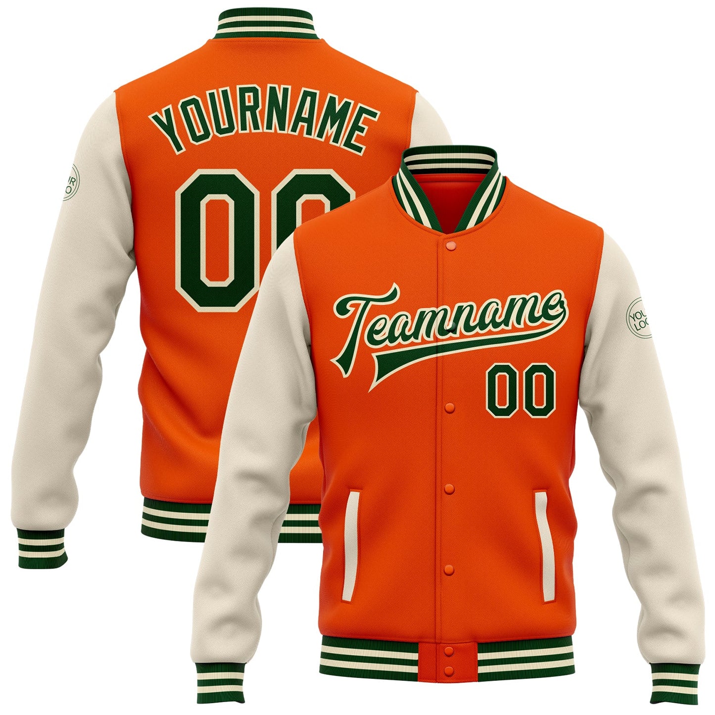 Custom Orange Green-Cream Bomber Full-Snap Varsity Letterman Two Tone Jacket - Main View
