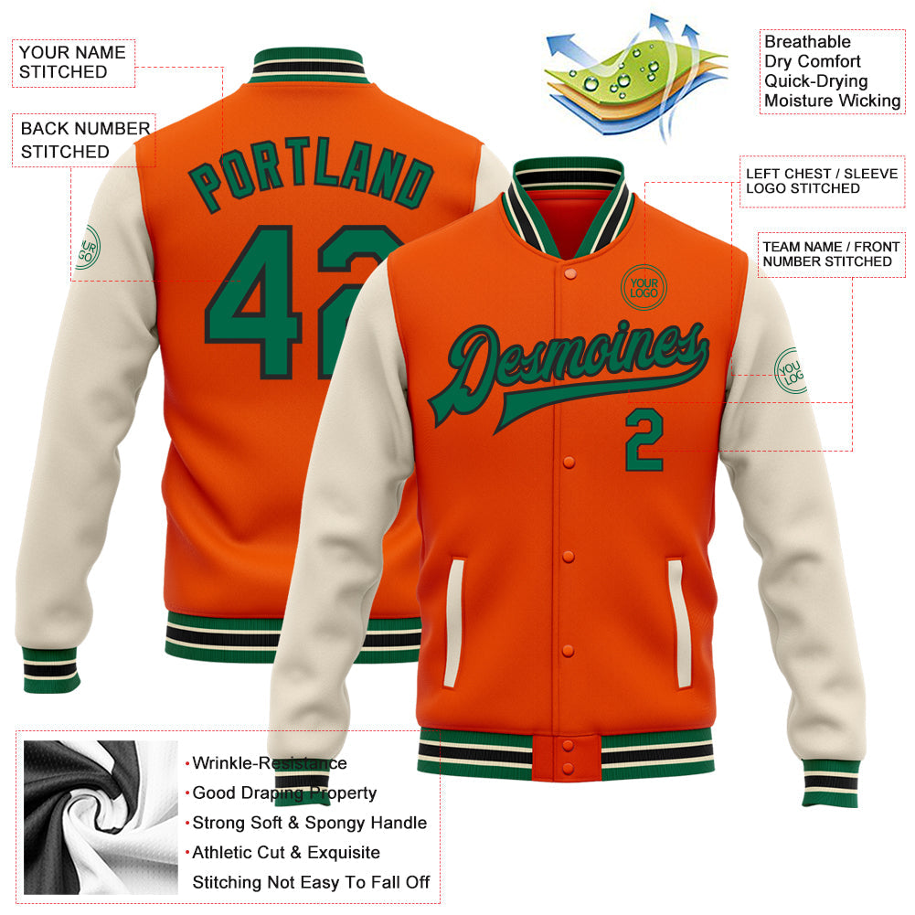 Custom Orange Kelly Green Black-Cream Bomber Full-Snap Varsity Letterman Two Tone Jacket view 5