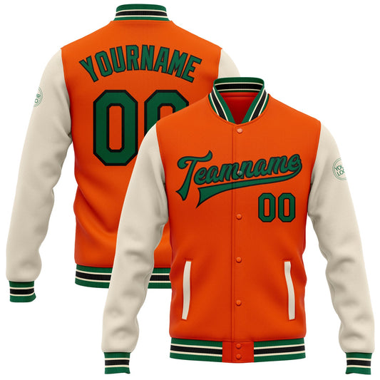 Custom Orange Kelly Green Black-Cream Bomber Full-Snap Varsity Letterman Two Tone Jacket - Main View