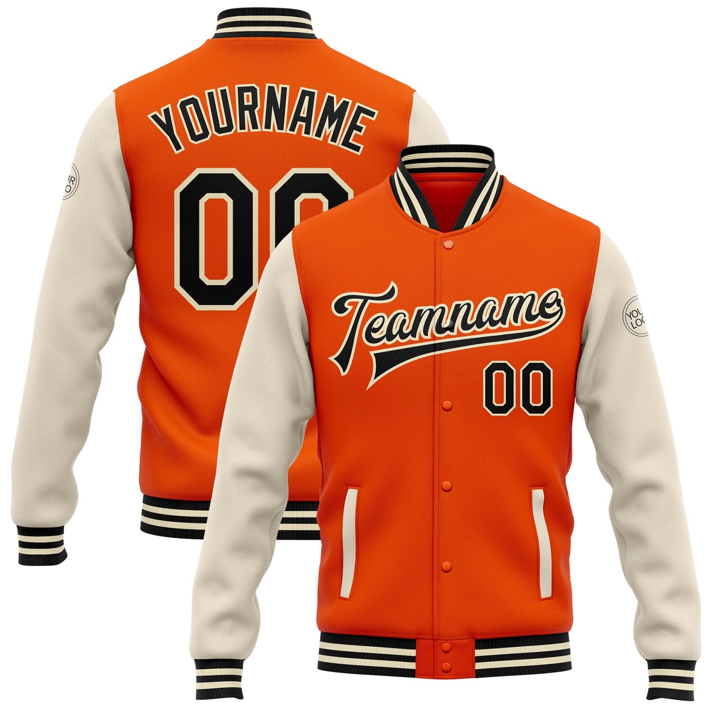 Custom Orange Black-Cream Bomber Full-Snap Varsity Letterman Two Tone Jacket - Main View