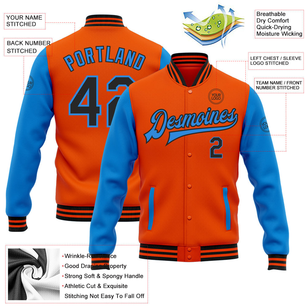 Custom Orange Black-Powder Blue Bomber Full-Snap Varsity Letterman Two Tone Jacket view 5