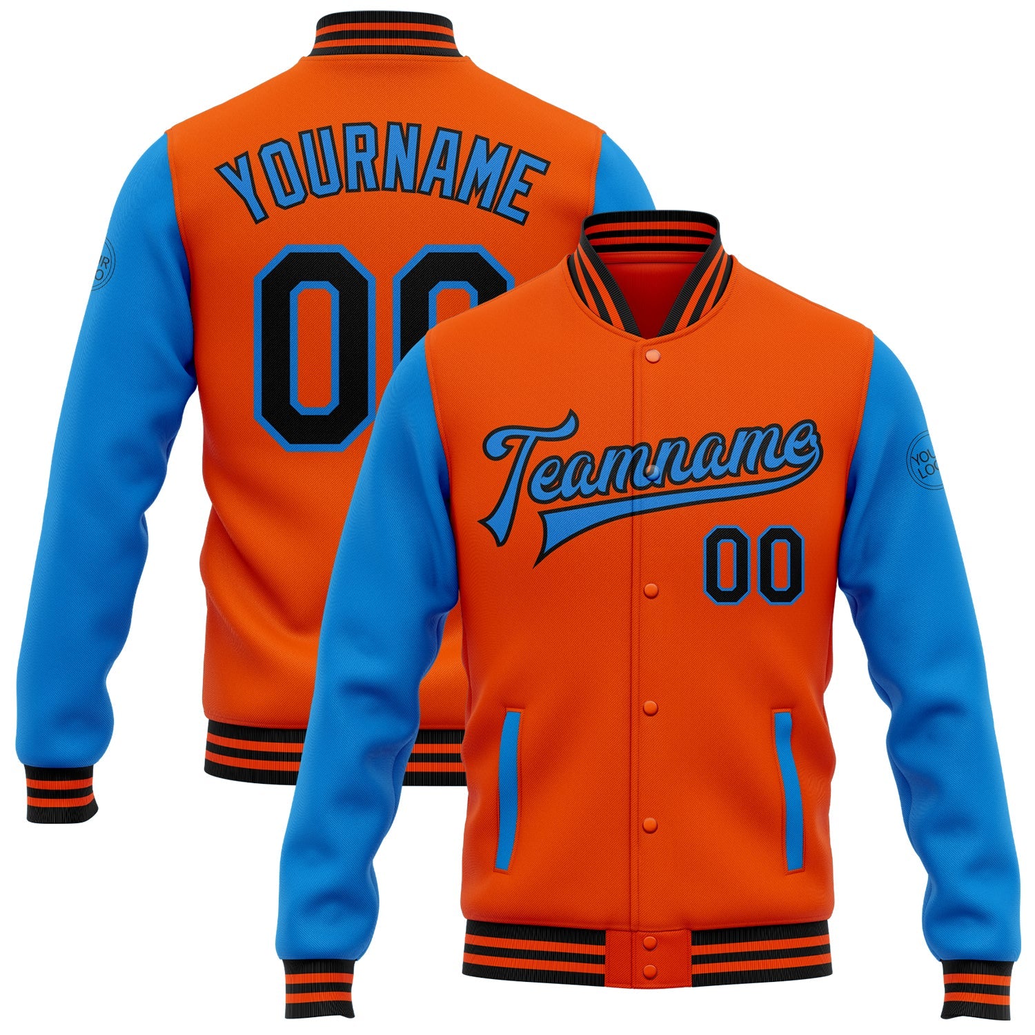 Custom Orange Black-Powder Blue Bomber Full-Snap Varsity Letterman Two Tone Jacket - Main View