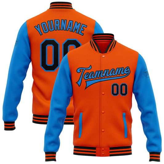 Custom Orange Black-Powder Blue Bomber Full-Snap Varsity Letterman Two Tone Jacket - Main View