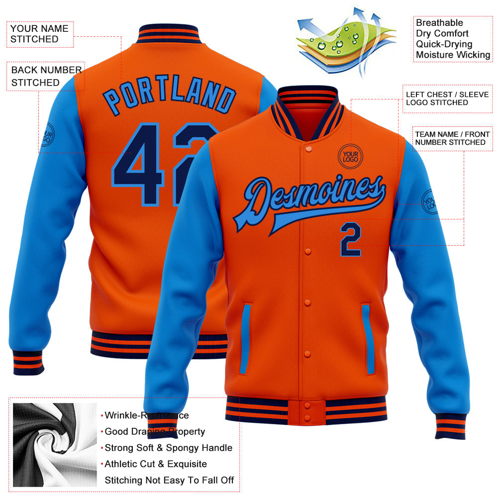 Custom Orange Navy-Powder Blue Bomber Full-Snap Varsity Letterman Two Tone Jacket view 5