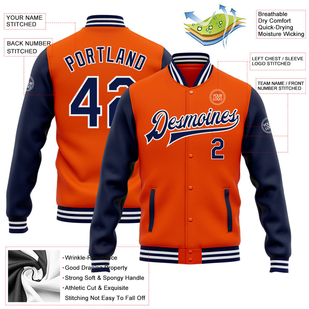 Custom Orange Navy-White Bomber Full-Snap Varsity Letterman Two Tone Jacket view 5