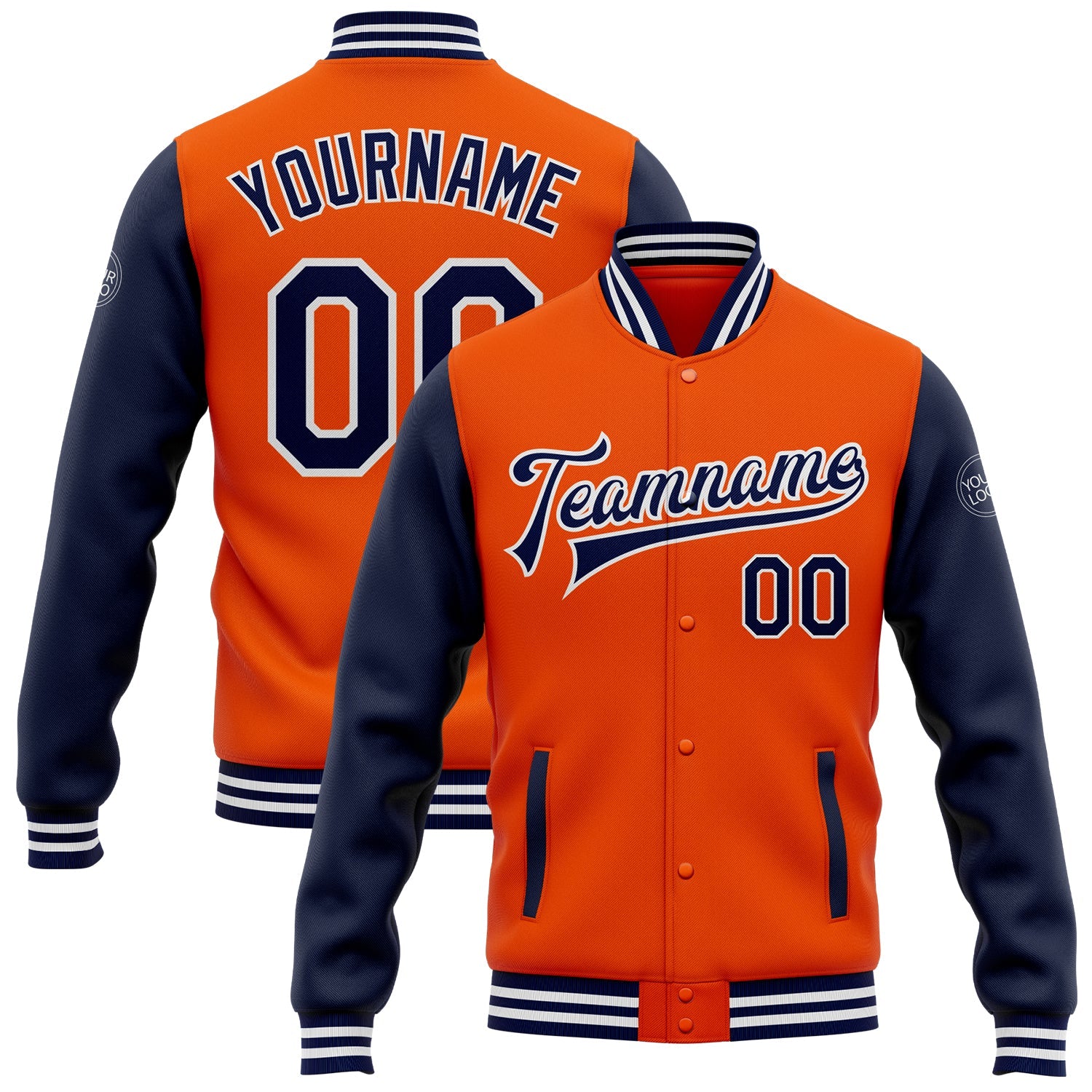 Custom Orange Navy-White Bomber Full-Snap Varsity Letterman Two Tone Jacket - Main View