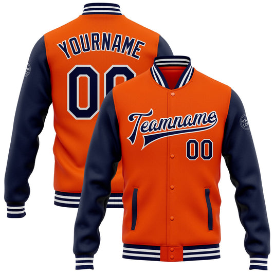 Custom Orange Navy-White Bomber Full-Snap Varsity Letterman Two Tone Jacket - Main View