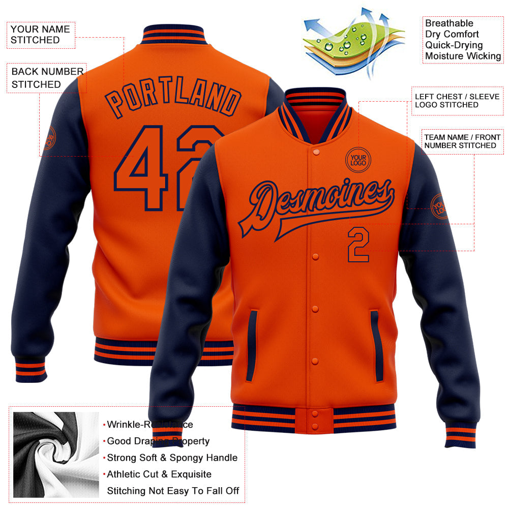 Custom Orange Navy Bomber Full-Snap Varsity Letterman Two Tone Jacket view 5