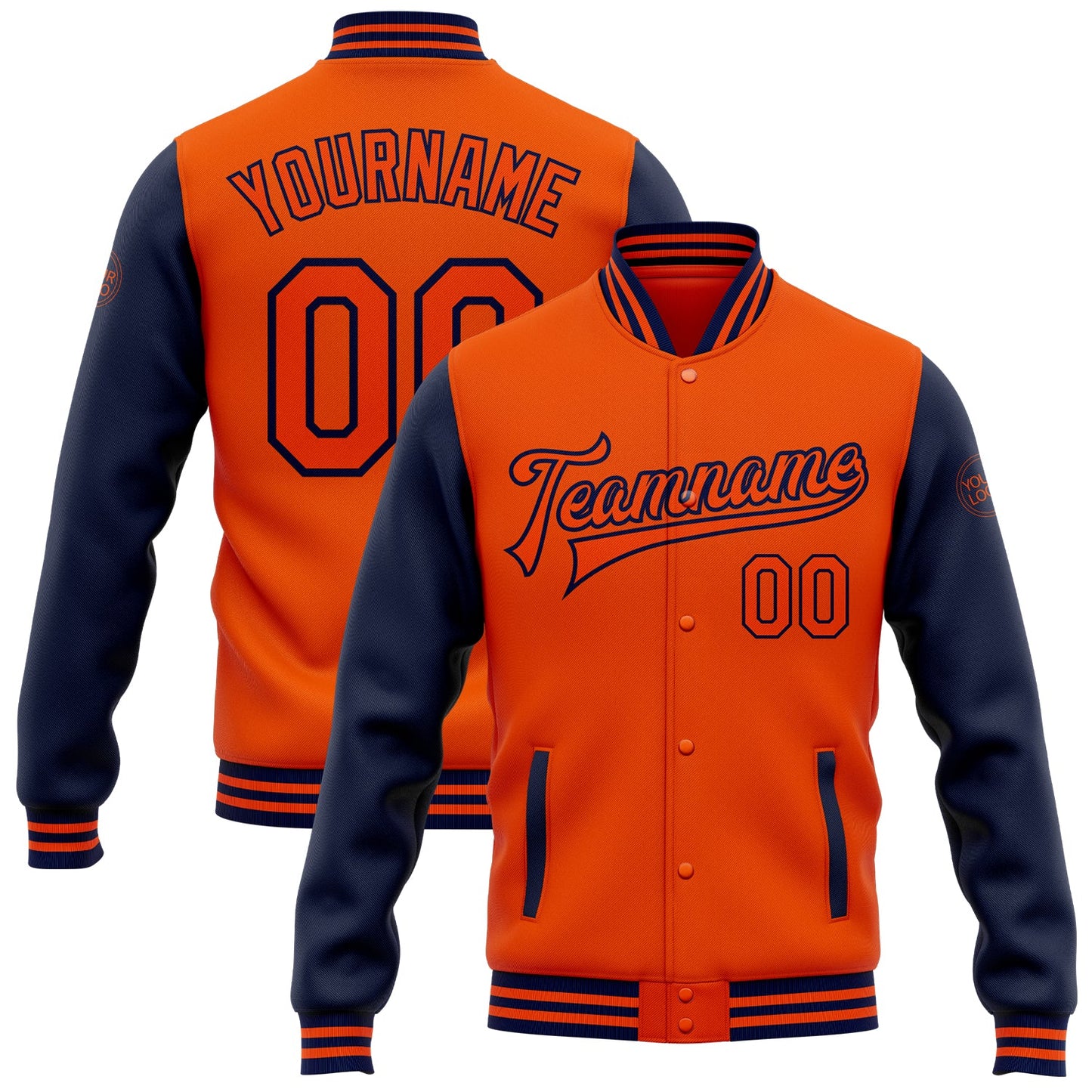 Custom Orange Navy Bomber Full-Snap Varsity Letterman Two Tone Jacket - Main View