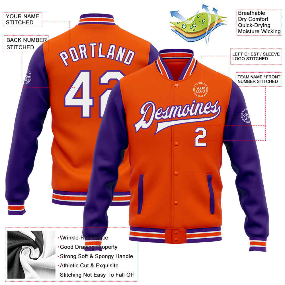 Custom Orange White-Purple Bomber Full-Snap Varsity Letterman Two Tone Jacket view 5