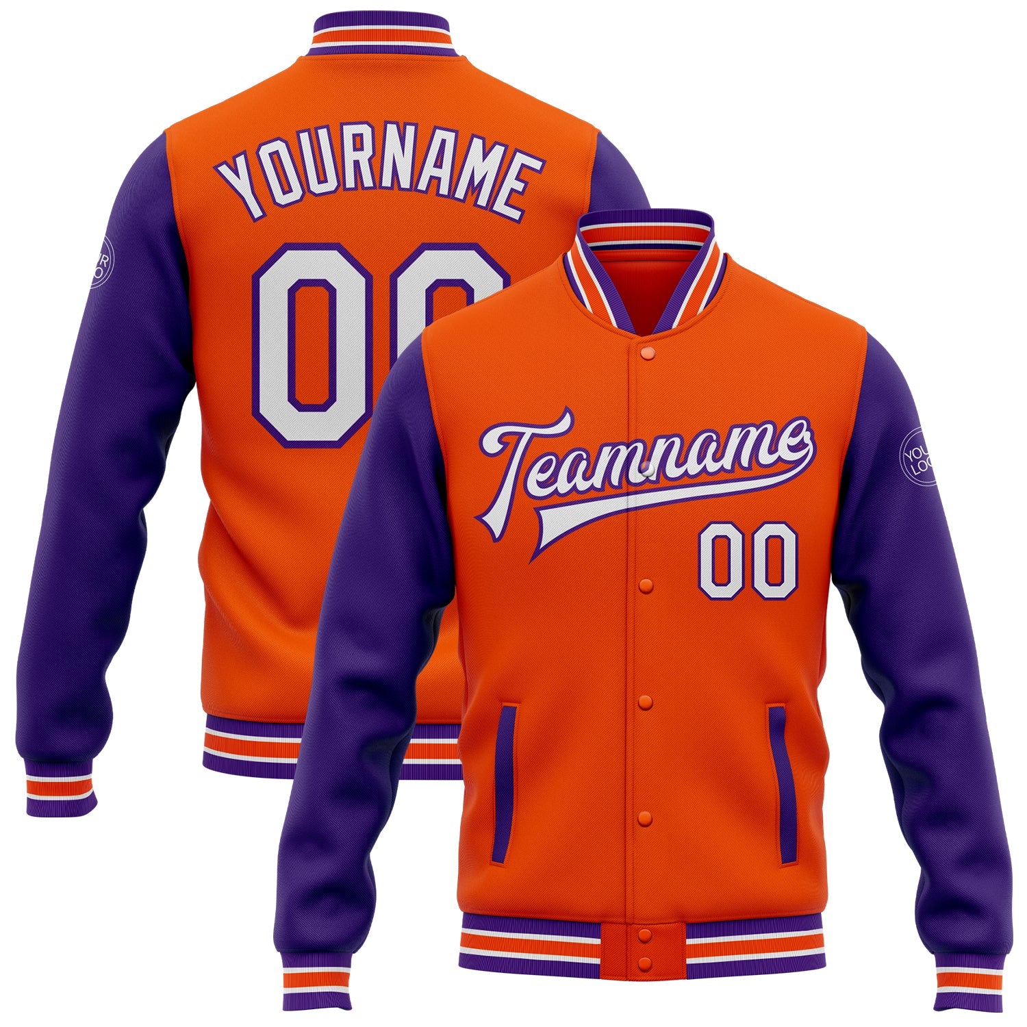Custom Orange White-Purple Bomber Full-Snap Varsity Letterman Two Tone Jacket - Main View