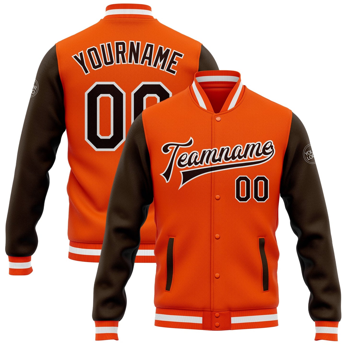 Custom Orange Brown-White Bomber Full-Snap Varsity Letterman Two Tone Jacket - Main View