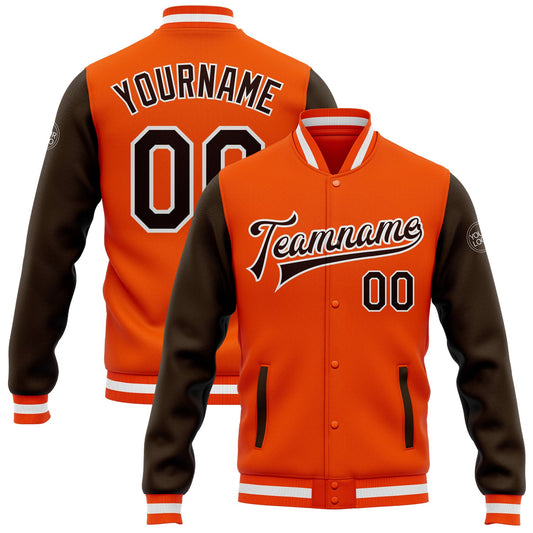 Custom Orange Brown-White Bomber Full-Snap Varsity Letterman Two Tone Jacket - Main View
