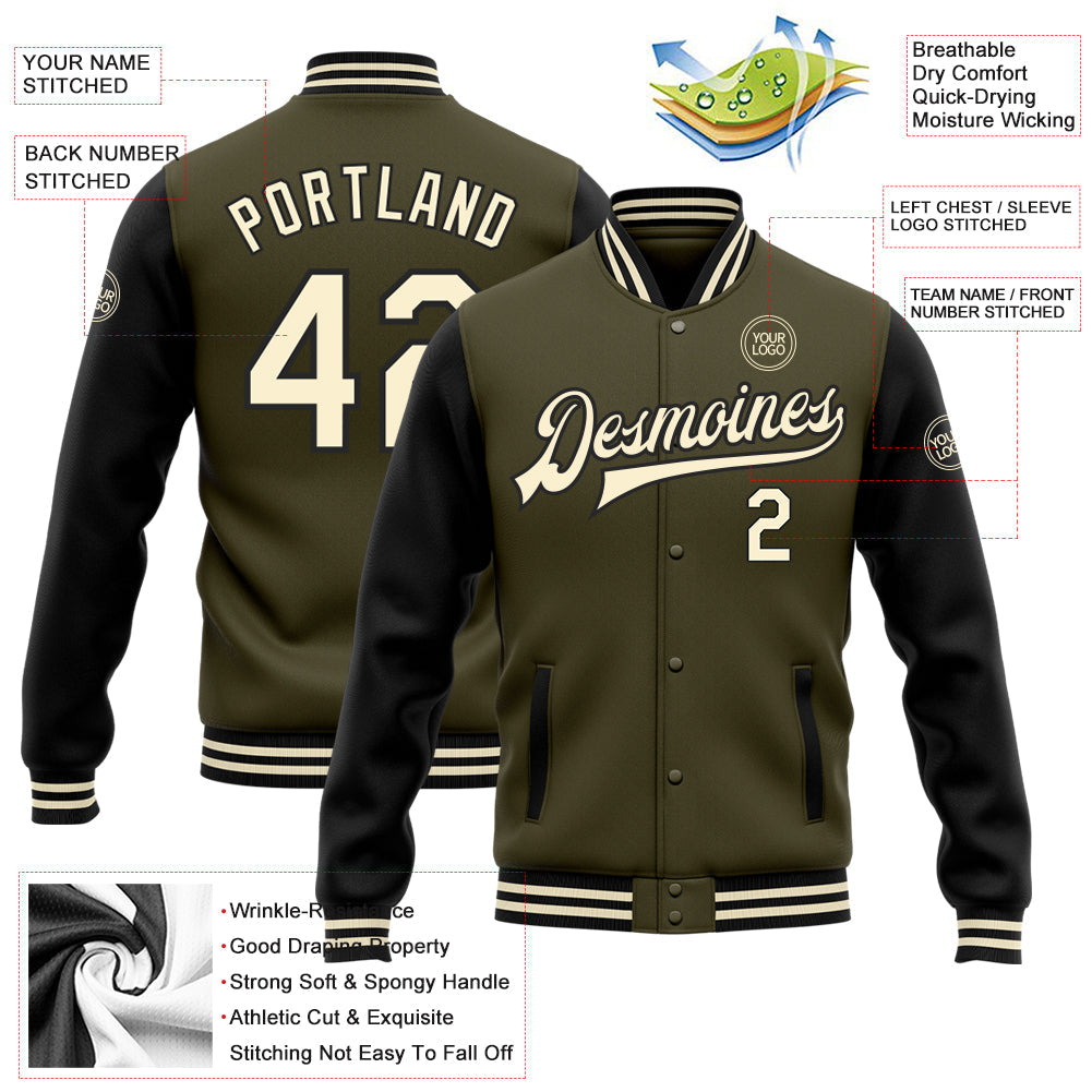 Custom Olive Cream-Black Bomber Full-Snap Varsity Letterman Two Tone Salute To Service Jacket view 5