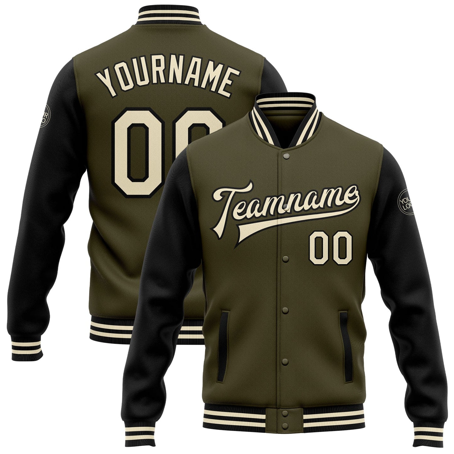 Custom Olive Cream-Black Bomber Full-Snap Varsity Letterman Two Tone Salute To Service Jacket - Main View