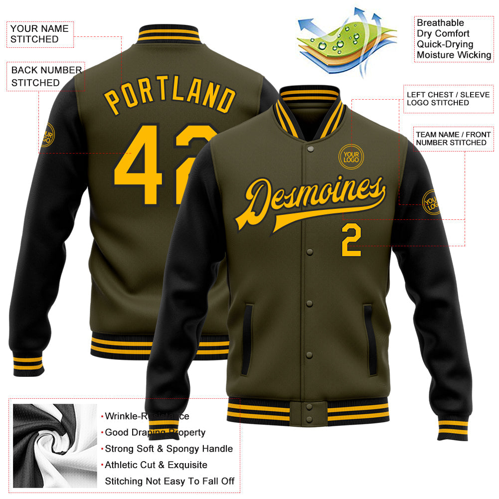 Custom Olive Gold-Black Bomber Full-Snap Varsity Letterman Two Tone Salute To Service Jacket view 5